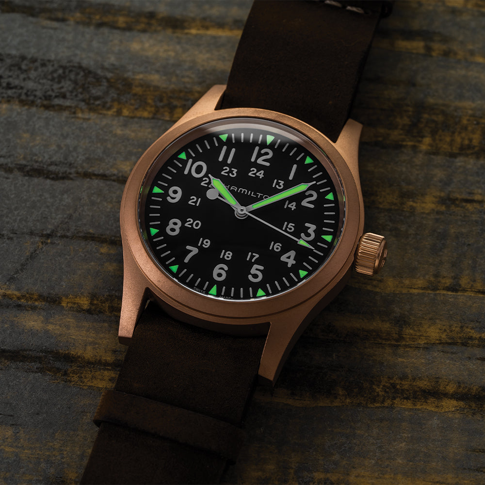 Khaki Field Mechanical Bronze 38mm - Black on One-Piece Leather Strap