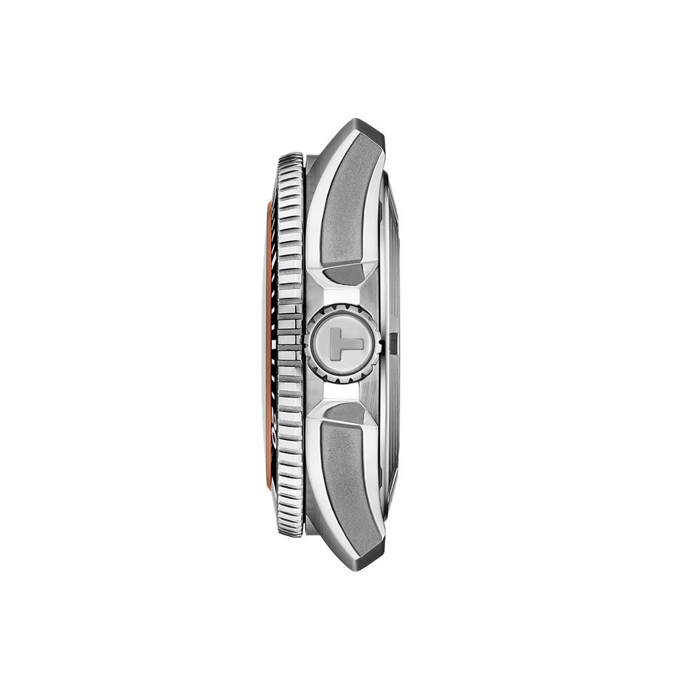 Side profile of Tissot Seastar 2000 Professional Powermatic 80 with orange rubber strap