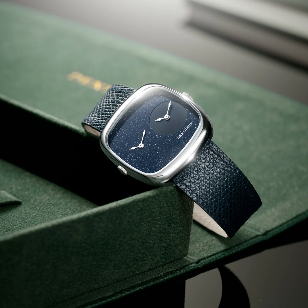 ALD Dual Time watch with blue aventurine dial in a steel 37mm case on blue textured leather strap