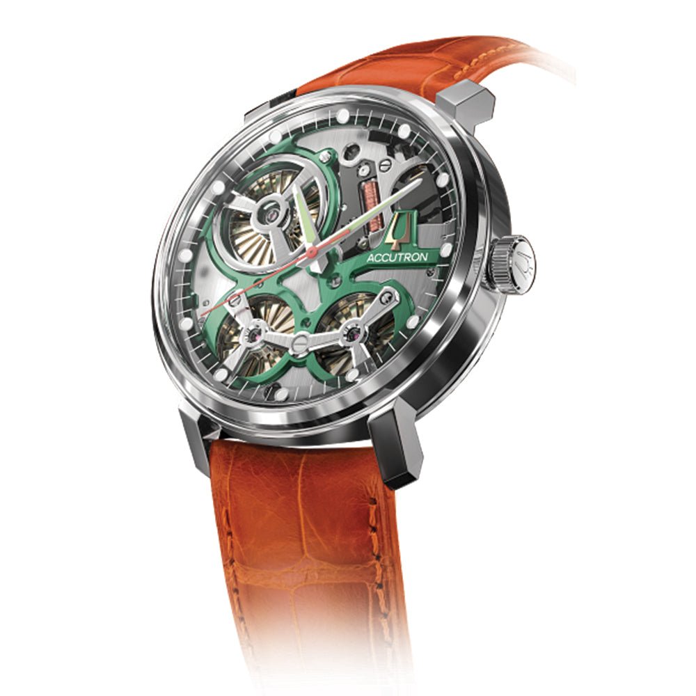 Spaceview 2020 43.5mm Accutron on orange alligator strap viewed from the side with skeleton movement