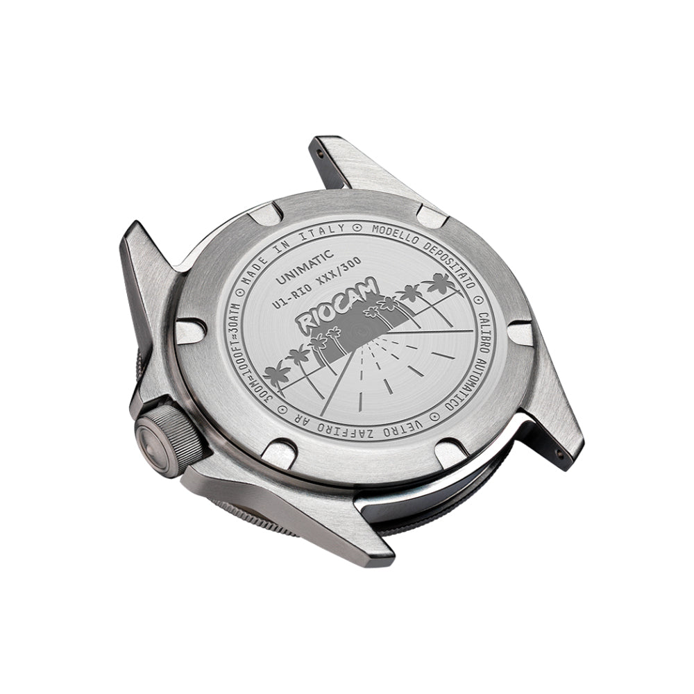 Case back of U1-RIO Modello Uno Limited Edition 41.5mm watch with palm tree etching.