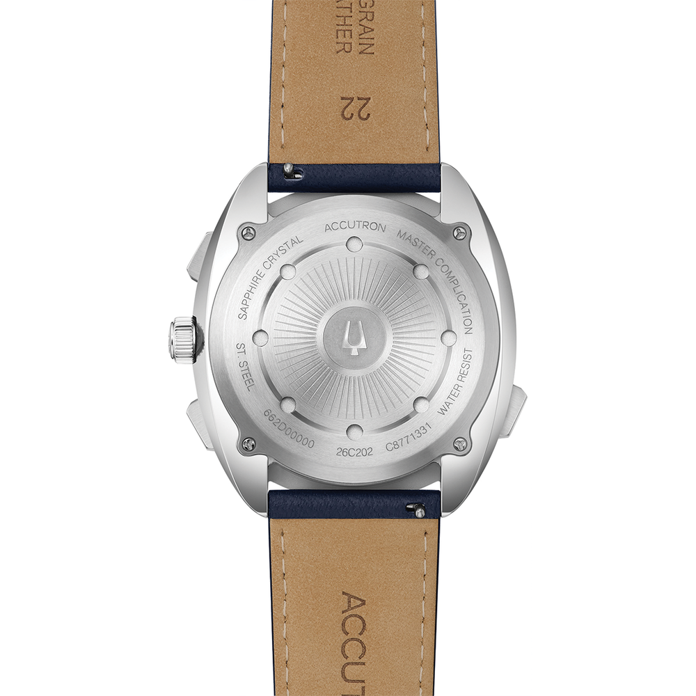 Horizon 41.5mm stainless steel case back with engraved marks and blue leather strap