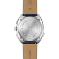 Horizon 41.5mm stainless steel case back with engraved marks and blue leather strap