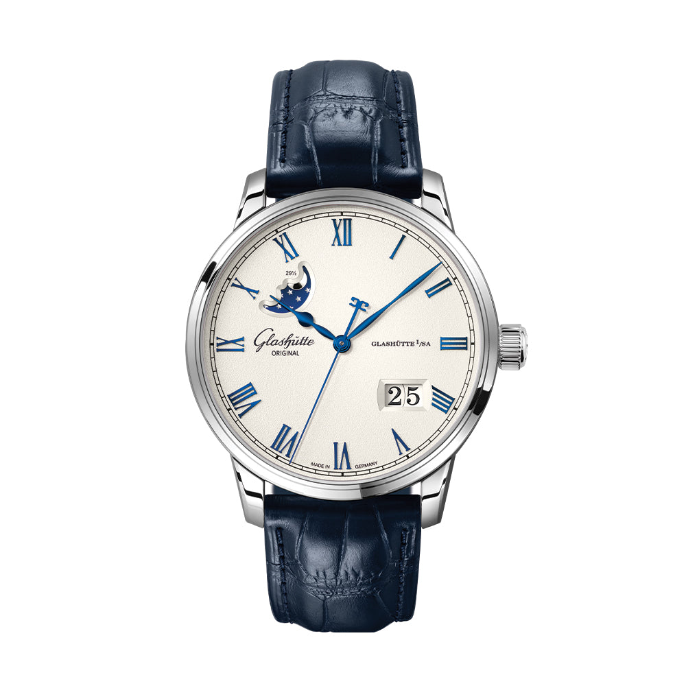 Senator Excellence Panorama Date Moon Phase 40mm - Silver on Leather Strap