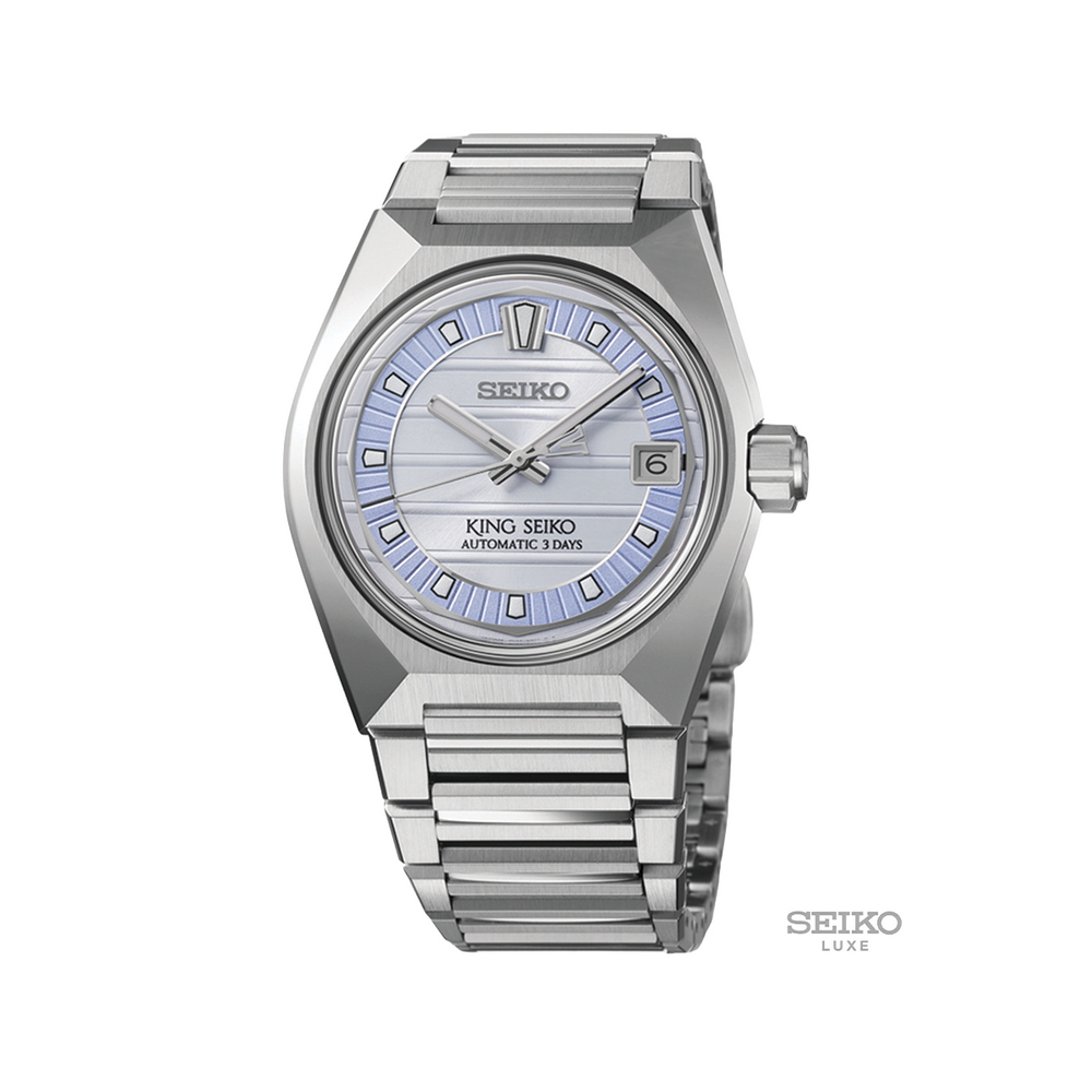 SLA091 King Seiko VANAC 41mm stainless steel watch with silver dial and bracelet and a date window at 3