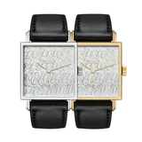Twice Unique "Scribble" Tetra Steel and Gold 27 - Silver on Leather Strap