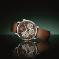 Spaceview Evolution 43.5mm wristwatch with brown leather strap and a textured skeleton dial on a reflective surface.