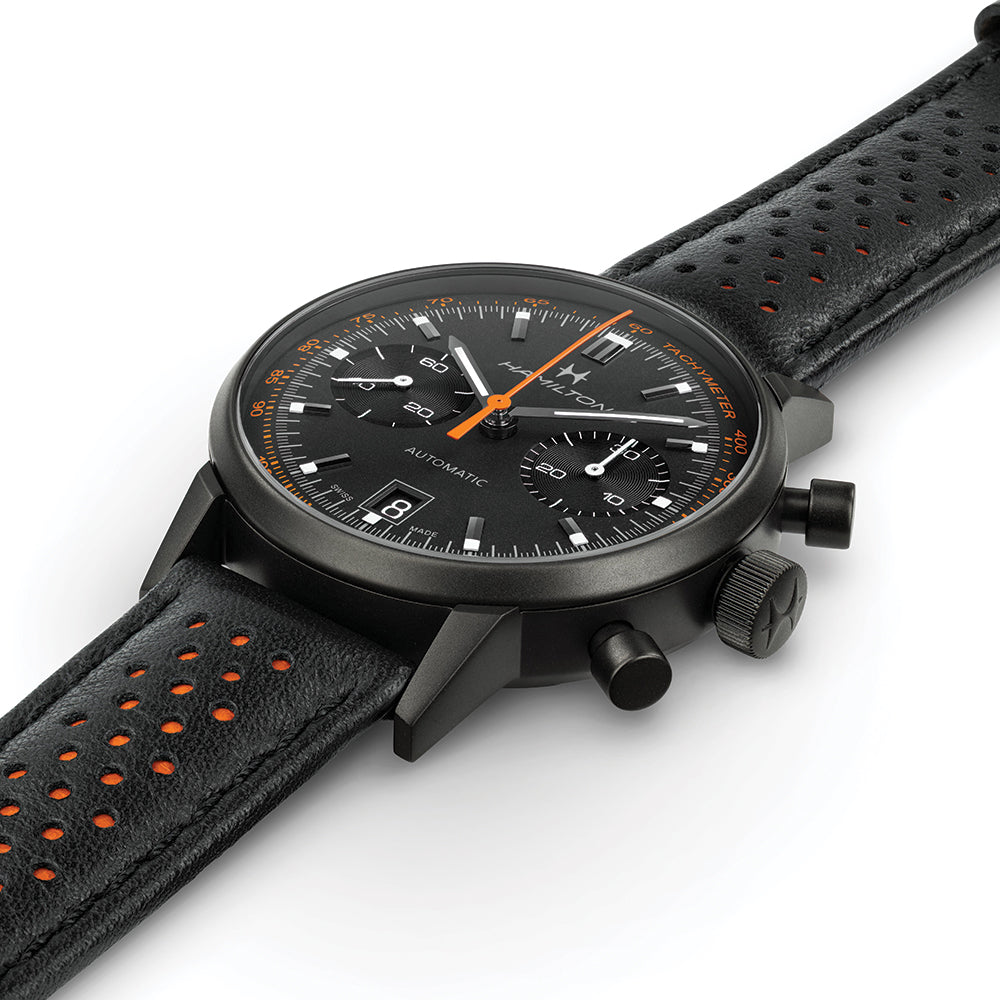 American Classic Intra-Matic Auto Chrono PVD 40mm - Black on Leather Strap with Orange Detailing