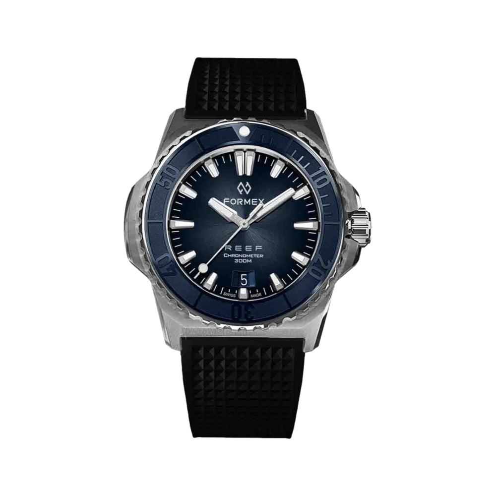 Formex Baby REEF blue dial chronometer watch with blue bezel and black rubber strap