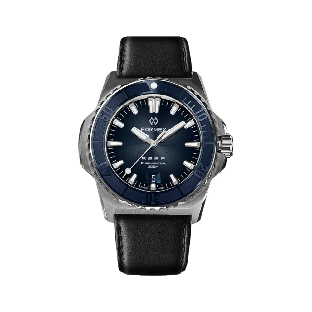 Formex Baby REEF blue dial chronometer watch with blue bezel and black leather strap