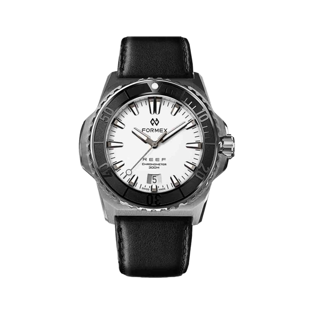 Formex Baby REEF white dial automatic chronometer 300M 39.5mm with black bezel and black leather strap