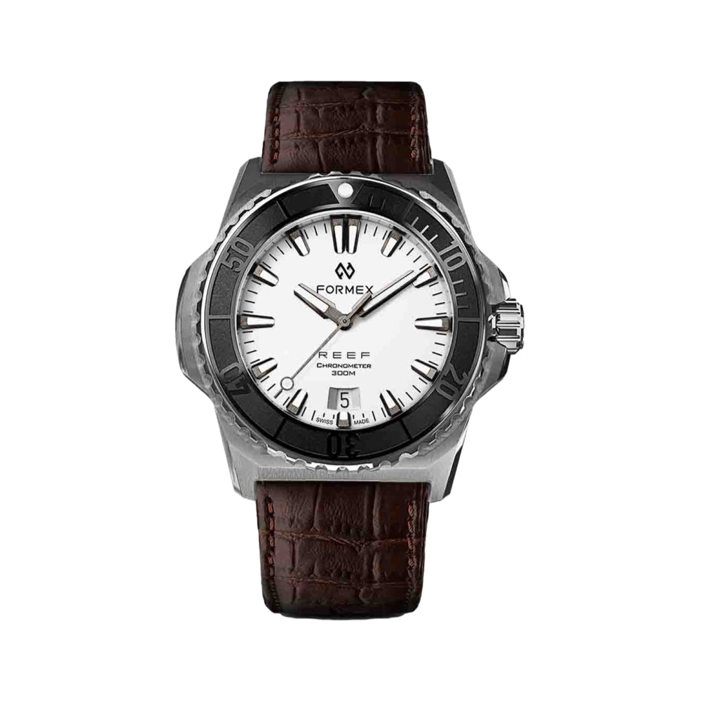 Formex Baby REEF white dial automatic chronometer 300M 39.5mm with black bezel and brown leather strap