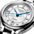 Longines Primaluna 30mm watch with blue hands and diamond-set hour markers on a white mother-of-pearl dial