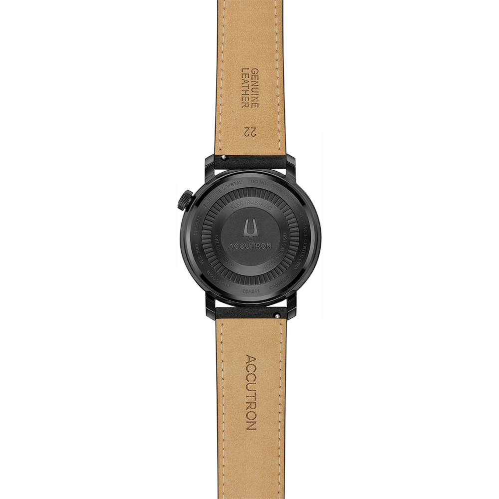 Rear view of Spaceview Evolution 43.5mm black watch with beige leather strap