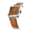 Memphis 521 35.8mm brown dial watch on brown leather strap shown in an angled side view