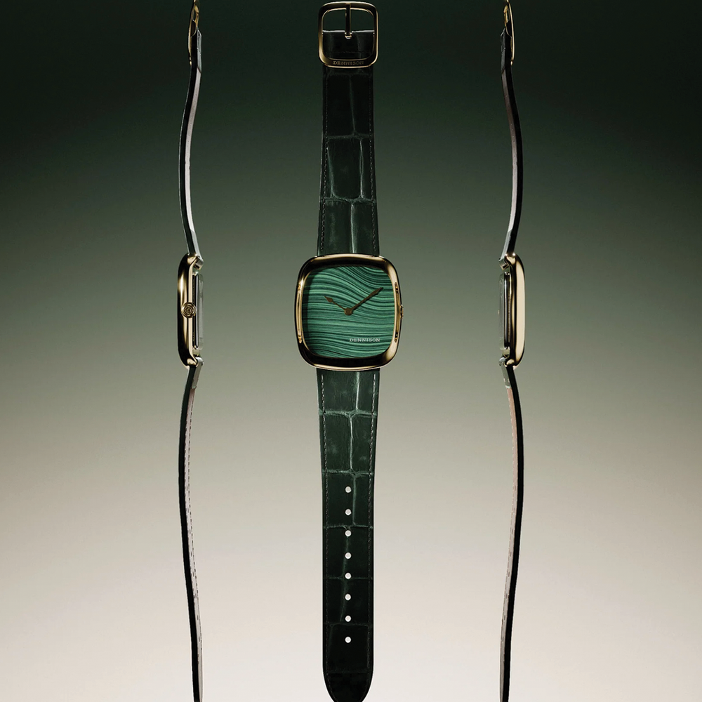 Natural malachite dial watch in a gold square case with green leather strap