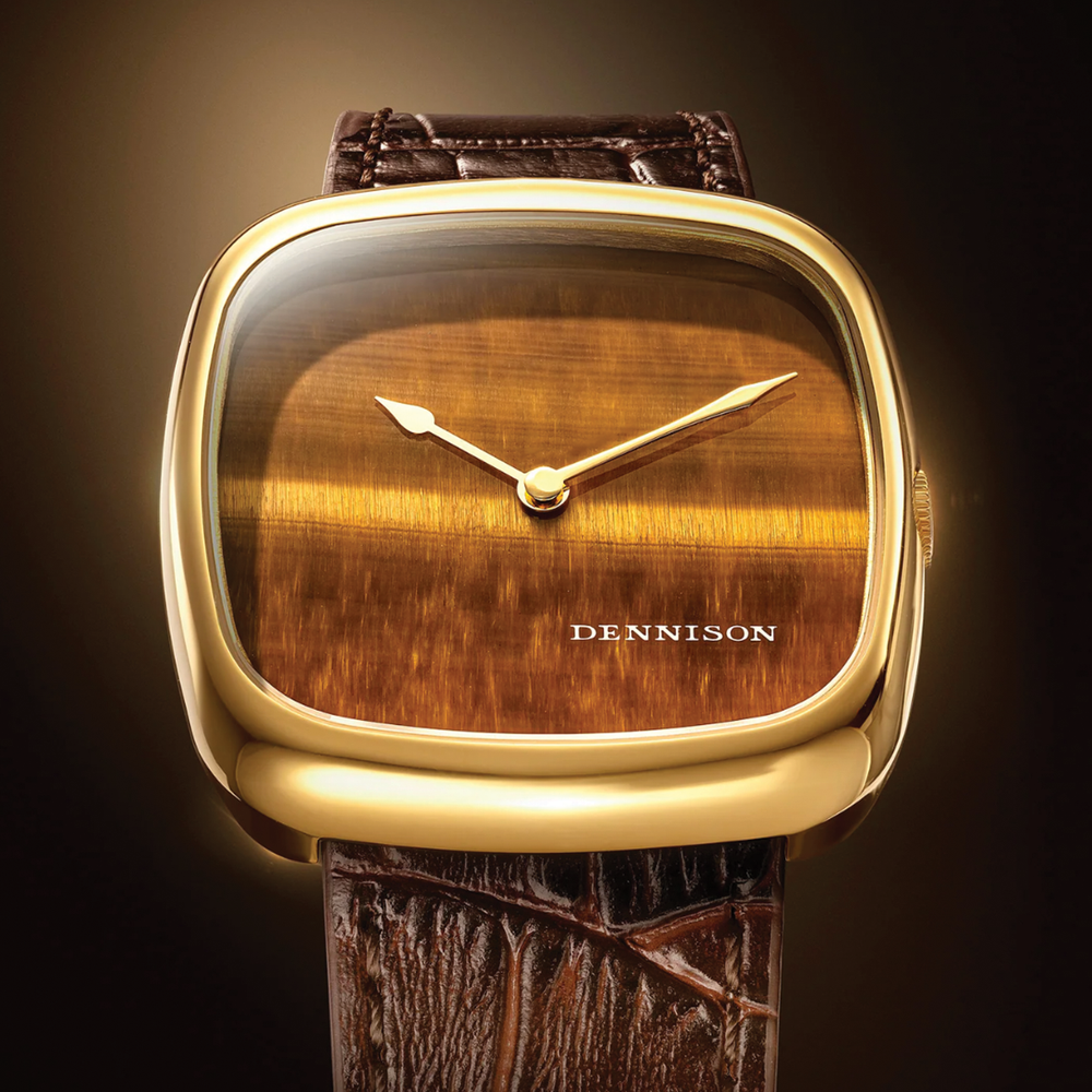 Dennison time only watch with tiger eye dial in gold case and brown leather strap