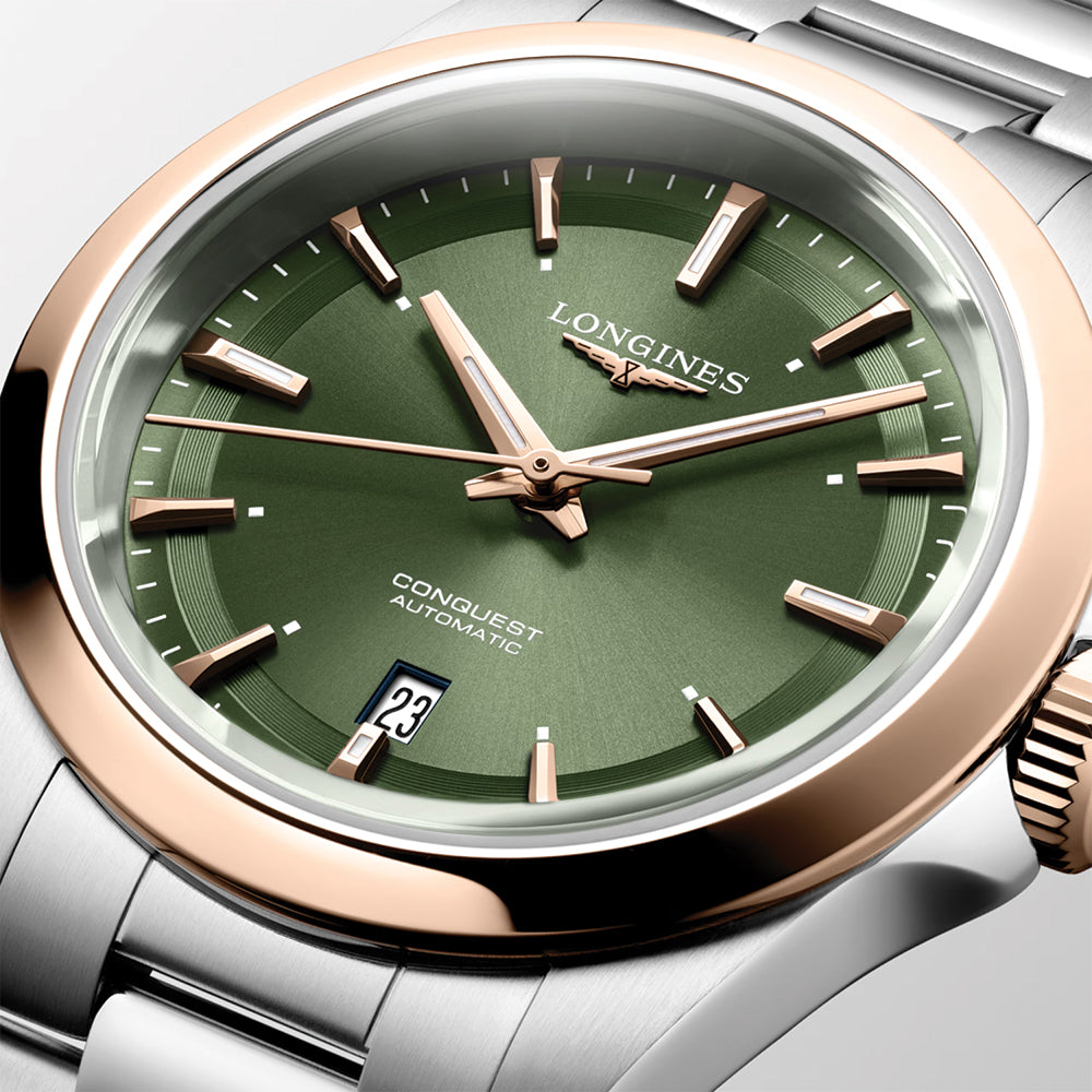 Conquest 30mm - Green w/ Pink Gold Bezel on Bracelet