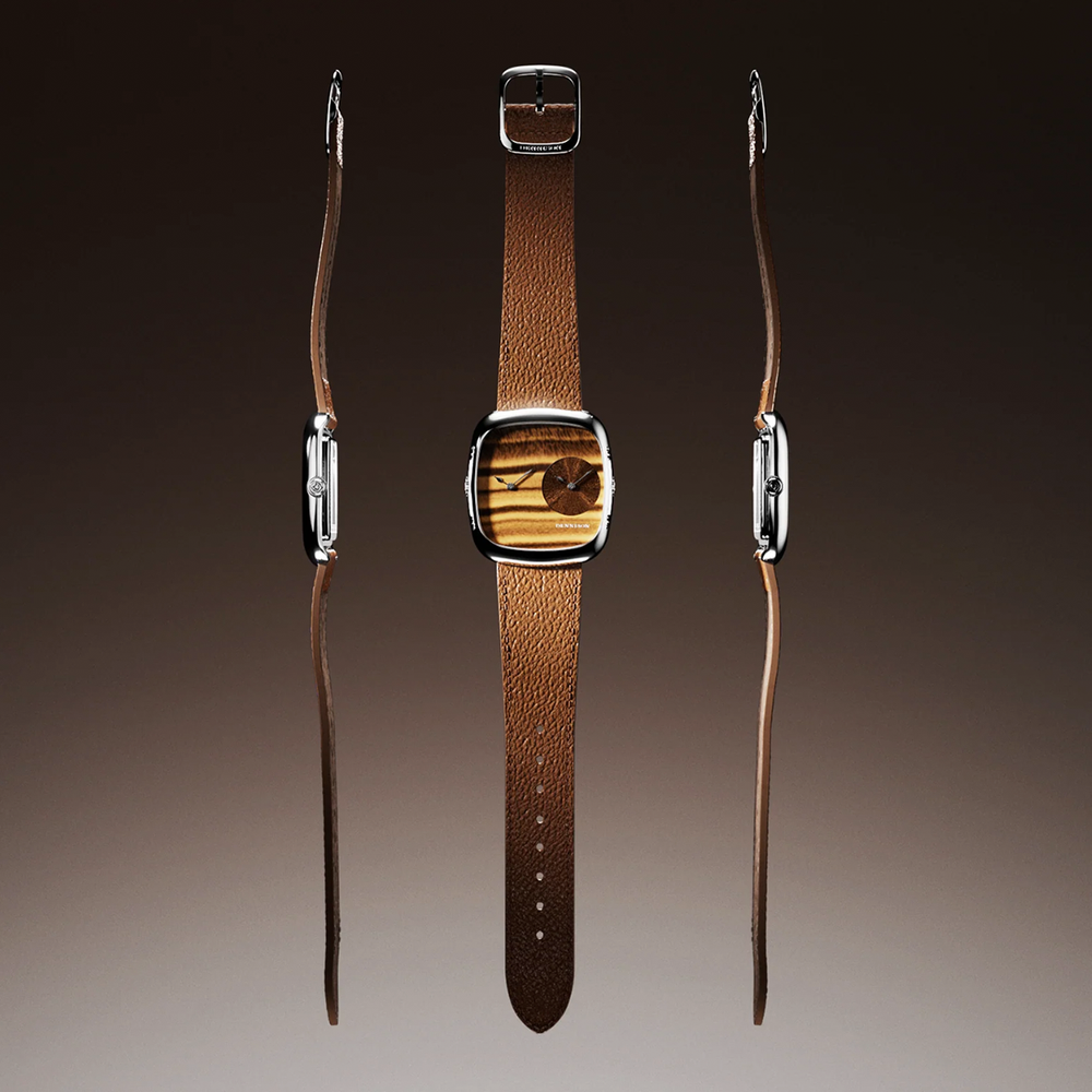 Three angle presentation of the ALD Dual Time watch with tiger eye dial and brown leather strap.
