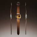 Three angle presentation of the ALD Dual Time watch with tiger eye dial and brown leather strap.