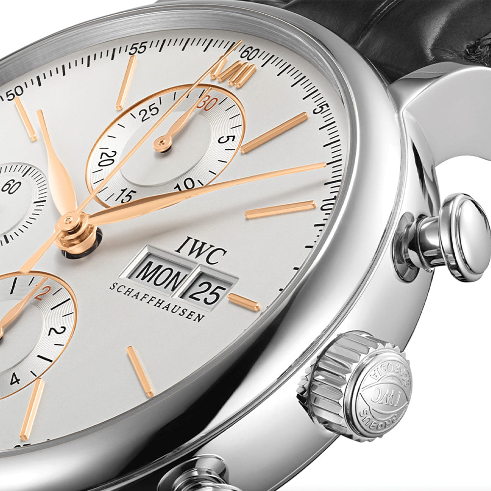 Portofino Chronograph Gold Accents 42mm - Silver-Plated on Leather Strap