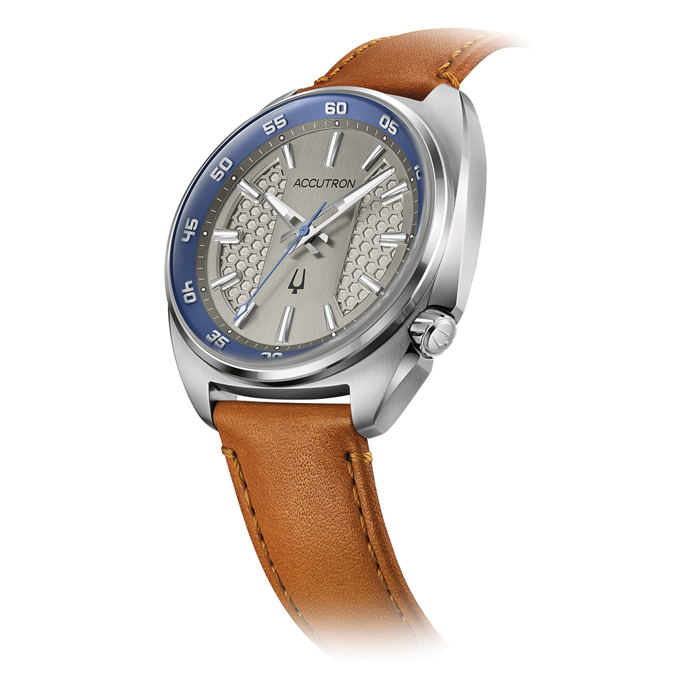 Elevation 39mm watch with grey dial blue bezel and tan leather strap shown on white background