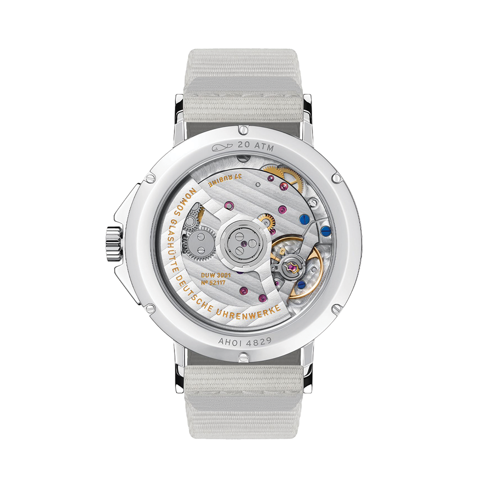 Sapphire case back reveals the movement and rotor of the Ahoi Neomatik Sand on a beige fabric strap