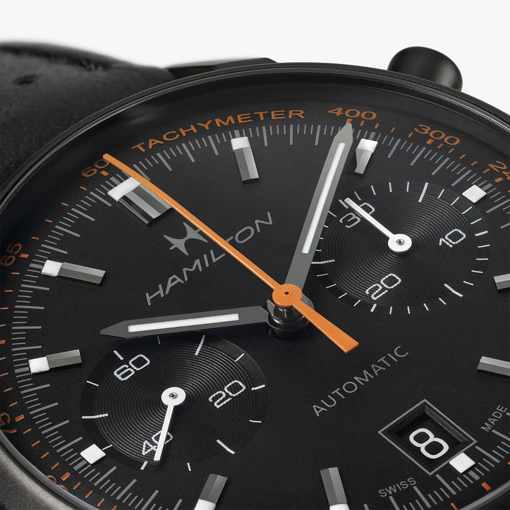 American Classic Intra-Matic Auto Chrono PVD 40mm - Black on Leather Strap with Orange Detailing