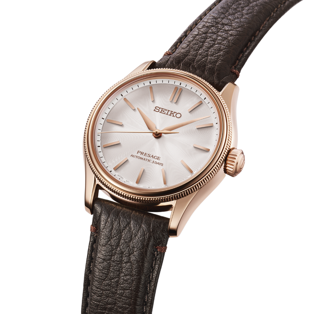 HCC008 Presage Classic Series Limited Edition Pink Gold Plated 38mm - Silver on Leather Strap