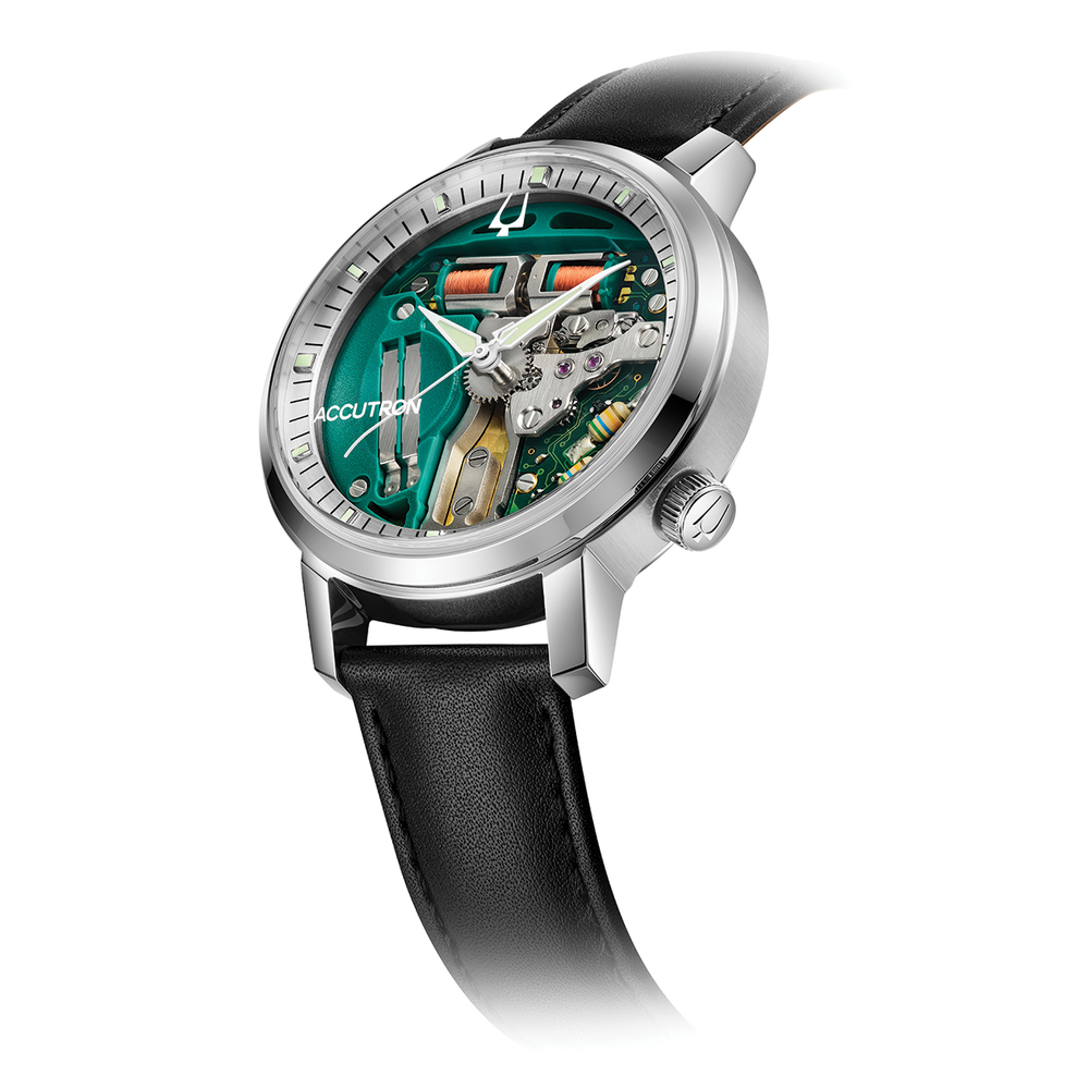 Close up of Tuning Fork Spaceview 314 39mm skeleton dial watch with teal green inner mechanics and leather strap.