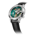 Close up of Tuning Fork Spaceview 314 39mm skeleton dial watch with teal green inner mechanics and leather strap.