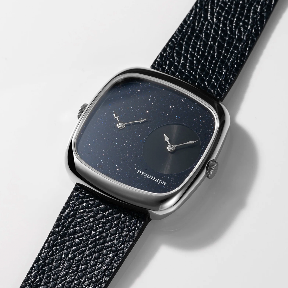 Front view of ALD Dual Time watch showing starry blue aventurine dial and a secondary subdial on steel case