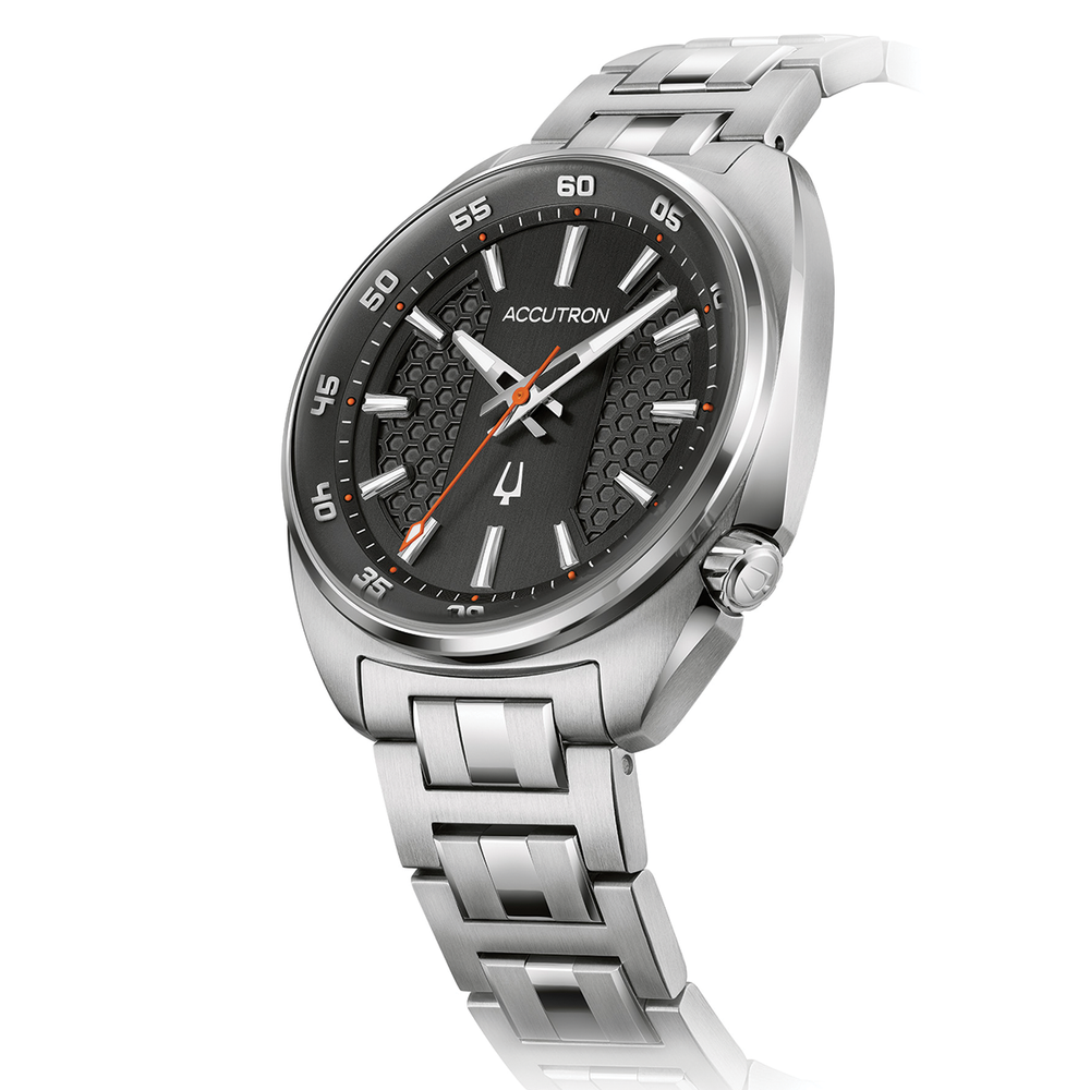 Accutron Elevation 39mm Black on Bracelet watch with black dial and orange second hand