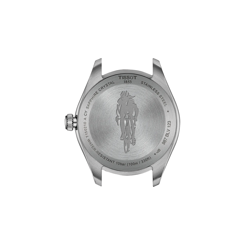 Back of brushed stainless steel Tissot watch with engraved cyclist emblem and crown