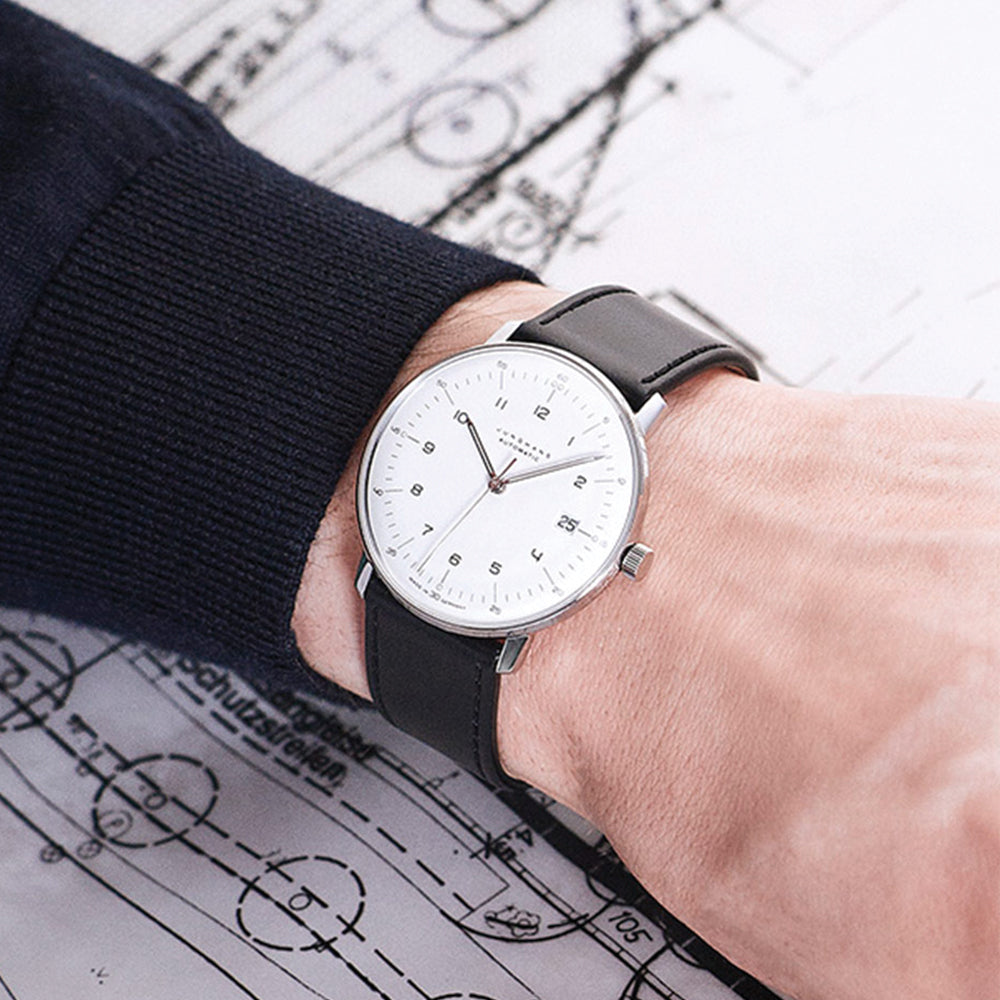 Max Bill Automatic w/ Numerals and Sapphire Crystal 38mm - Silver on Leather Strap