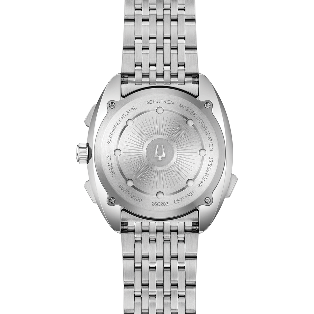 Back of Horizon 41.5mm watch with stainless steel bracelet and engraved case back.