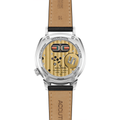 Alpha 314 33mm watch with transparent caseback revealing the movement and a tan leather strap.