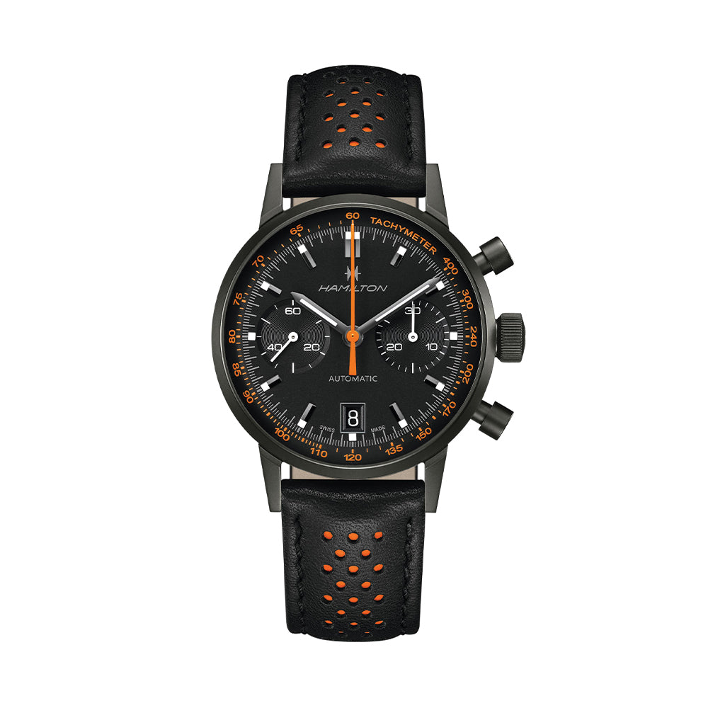 American Classic Intra-Matic Auto Chrono PVD 40mm - Black on Leather Strap with Orange Detailing