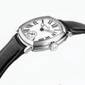 Close up of cushion shaped Hamilton watch with white dial Roman numerals and black leather strap
