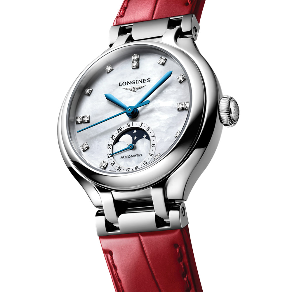 PrimaLuna Moonphase 34mm - White, Mother-of-Pearl w/ Diamonds on Red Leather Strap