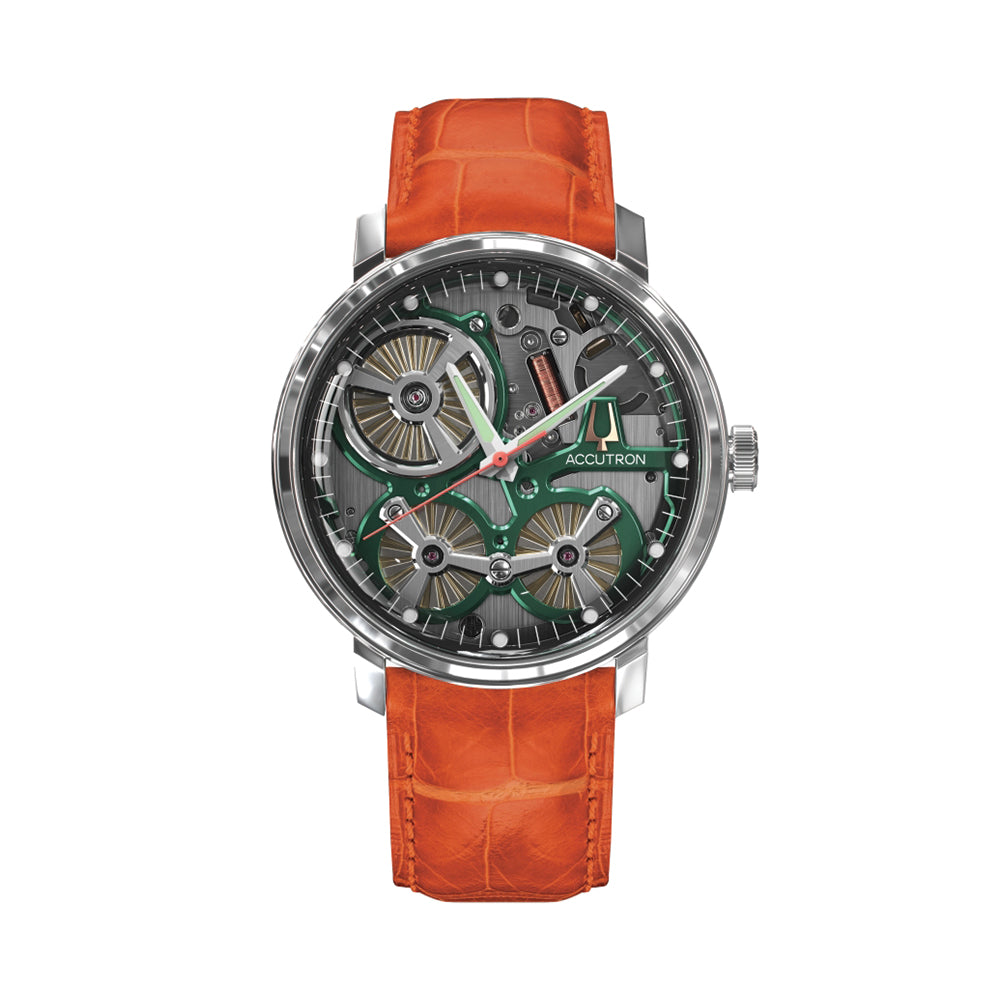 Spaceview 2020 43.5mm Accutron watch with smoke grey skeleton dial and orange alligator strap