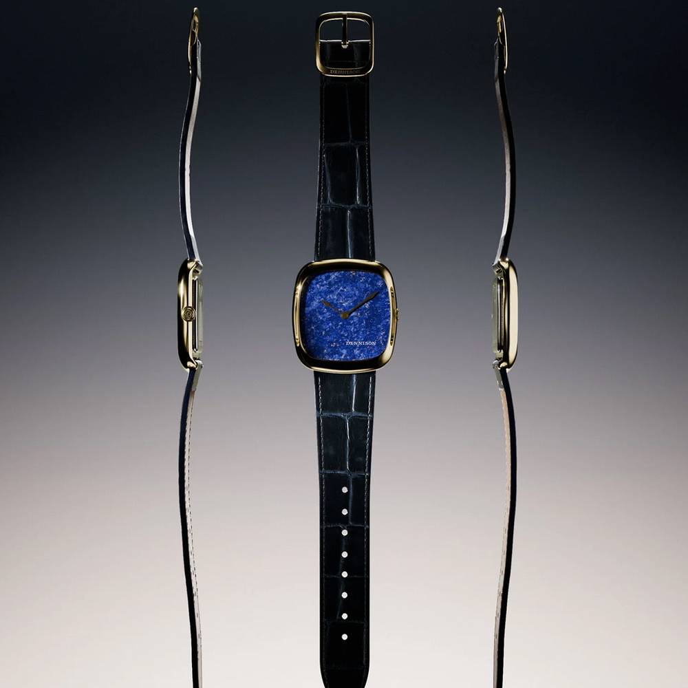 Center front gold square watch with blue lapis lazuli dial on a blue leather strap flanked by side views of the case.