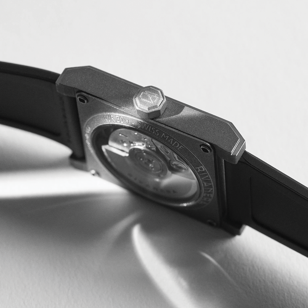 Rivanera Piccolo Guillochè 33mm - Black on Rubber Strap w/ Additional Strap