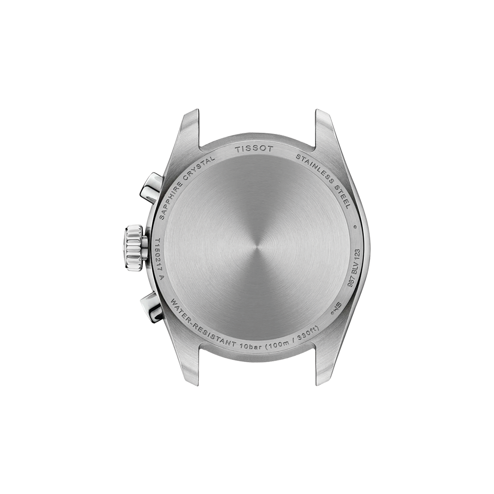 Side view of the Tissot PR 100 Chronograph case with crown and pushers beside the stainless steel bracelet