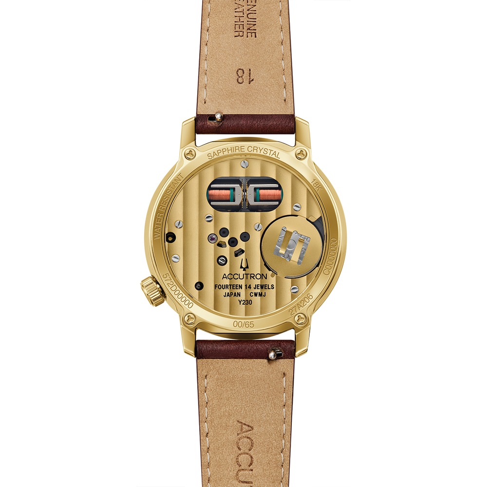 Back view of Spaceview 314 Limited Edition gold-tone watch showing exposed movement through sapphire crystal
