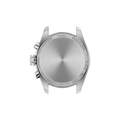 Back view of a stainless steel Tissot watch showing an engraved case back and crown with two pushers on the left.