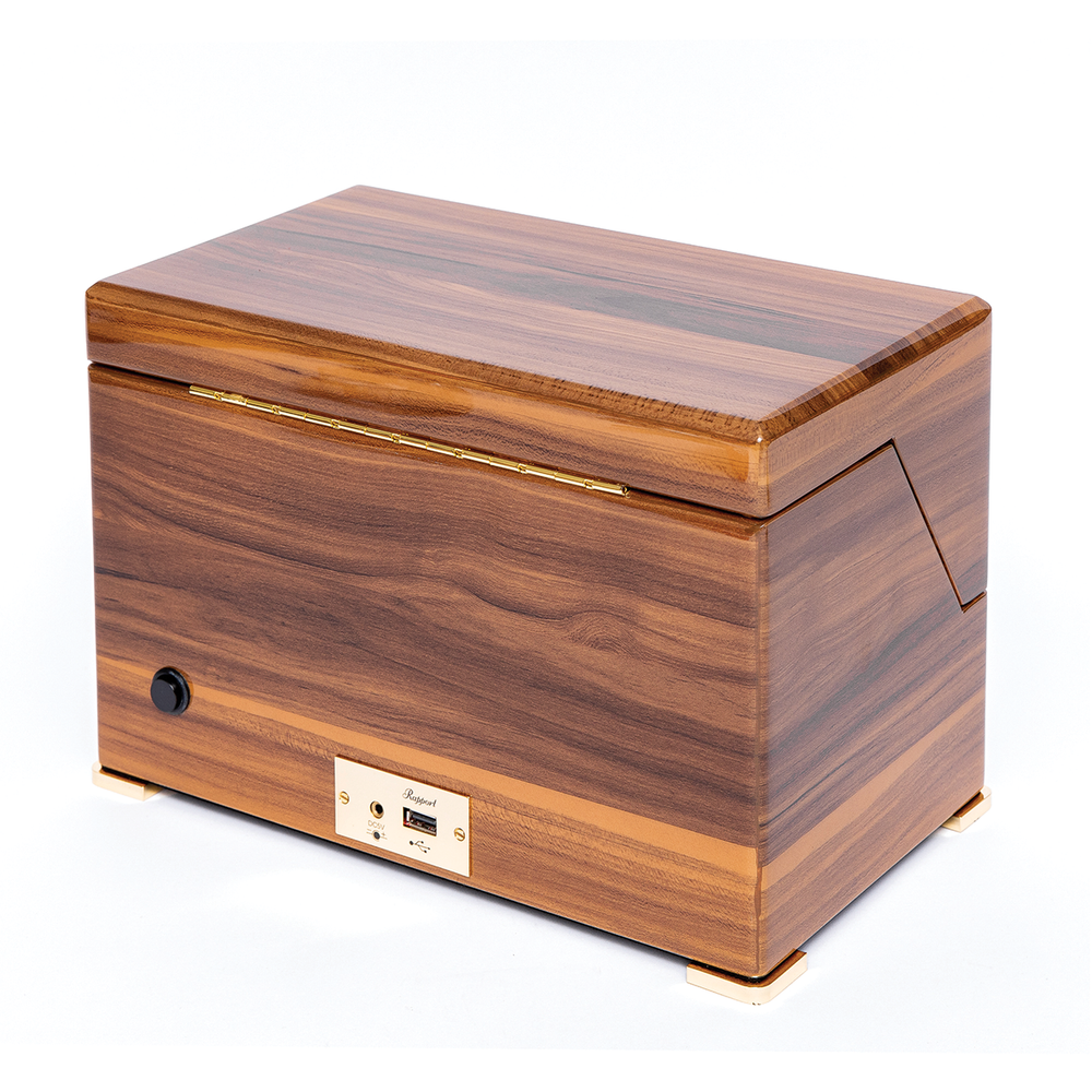 Duo watch winder in rich wood with gold accents and a small front control knob