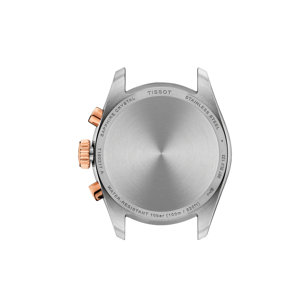 Side view of a two-tone rose gold and stainless steel Tissot PR 100 chronograph case with crown and pushers