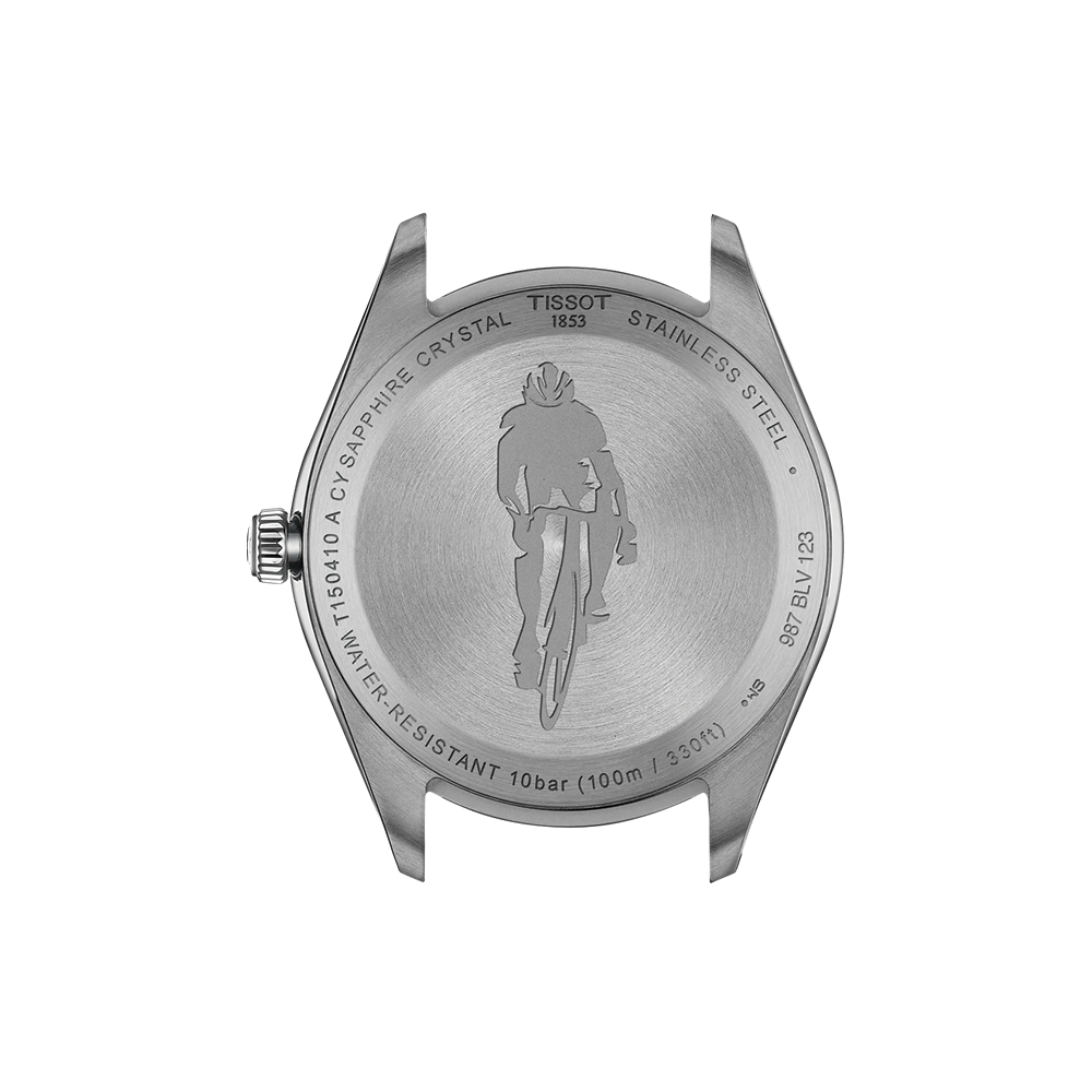Back view of Tissot PR 100 Cycling watch in stainless steel with engraved cyclist emblem