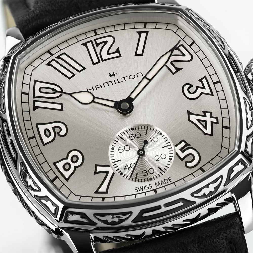 Close-up of the silver dial with oversized numerals and a small seconds subdial, Hamilton branding visible